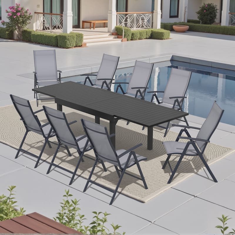 9-Piece Outdoor Dining Set Expandable Aluminum Dining Table and Adjustable Folding Chairs - Grey