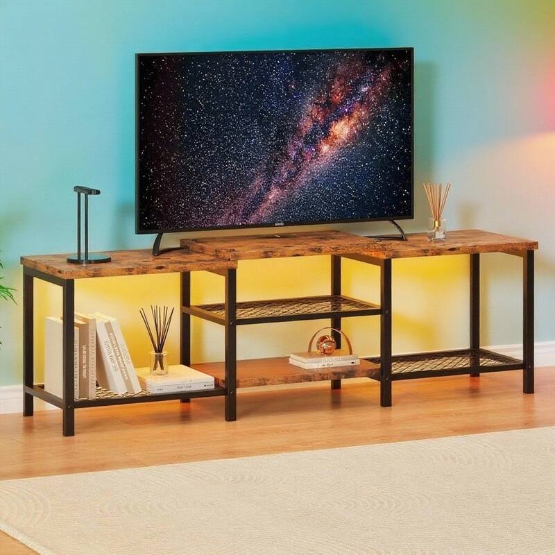 TV Stand with LED Lights, with Power Outlets, for 55/65/75 - Rustic Brown