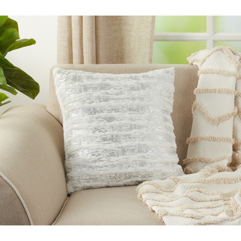 Faux Fur With Brushed Metallic Foil Print Down Filled Throw Pillow - Silver - 15"X15"