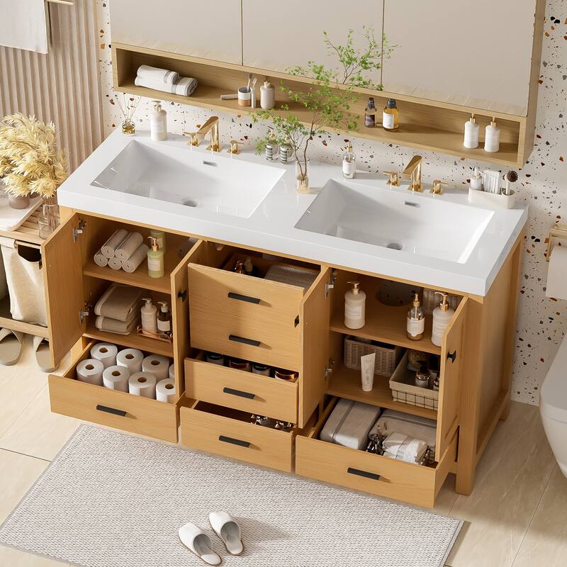 GDFStudio - Willow Transitional Freestanding Bathroom Vanity Cabinet with Double Sink, Soft Close Storages & Adjustable Shelves