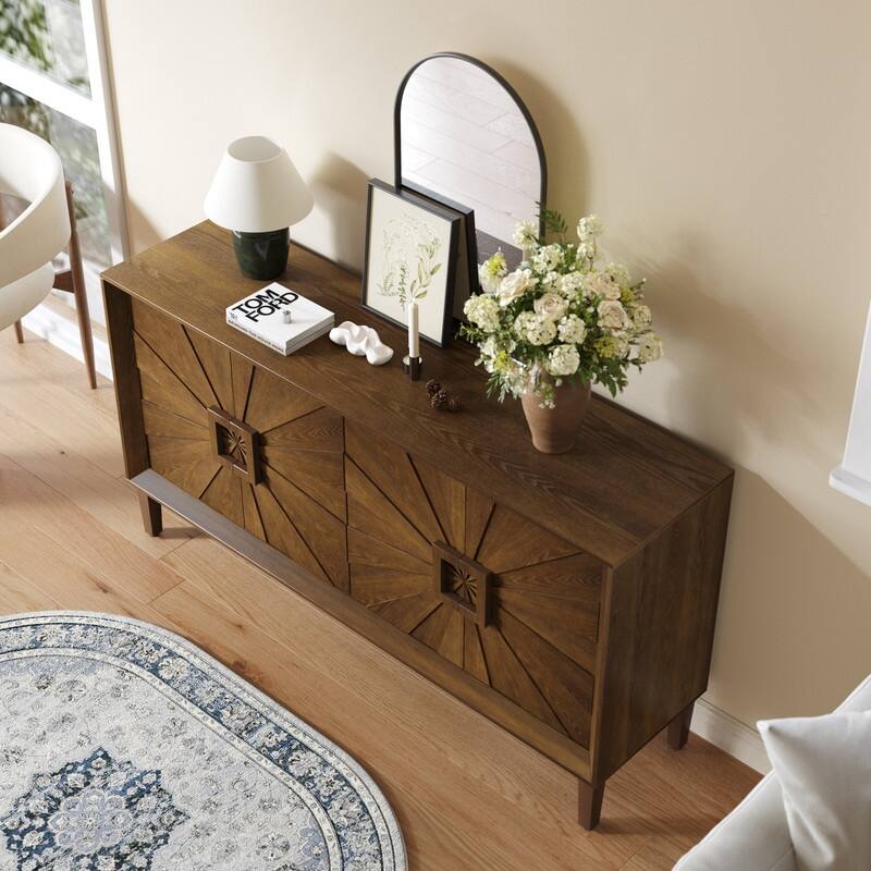 Rustic Farmhouse 59.8" Credenza, Durable Antique Wood Storage Unit for Living Room or Kitchen Use