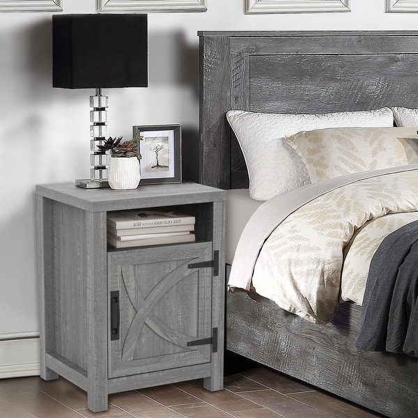 slide 2 of 11, Farmhouse Barn Door Nightstand Bedside Table with Storage Open Compartment