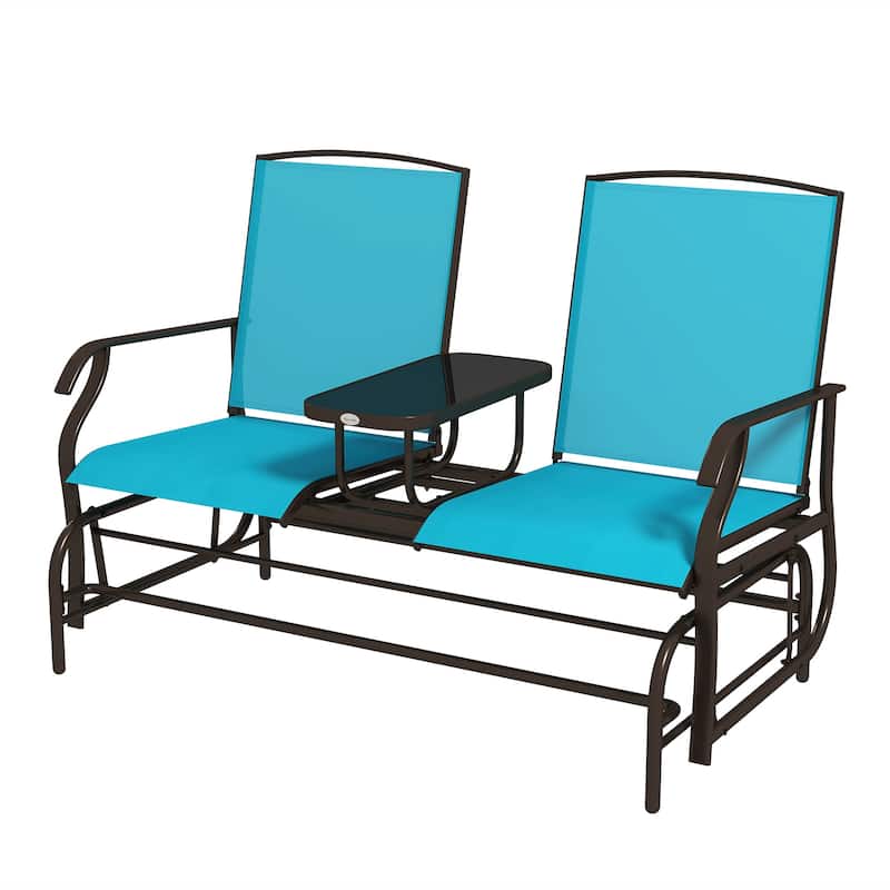 Outdoor Glider Bench with Center Table, Patio Loveseat with Breathable Mesh Fabric, Armrests & Metal Frame