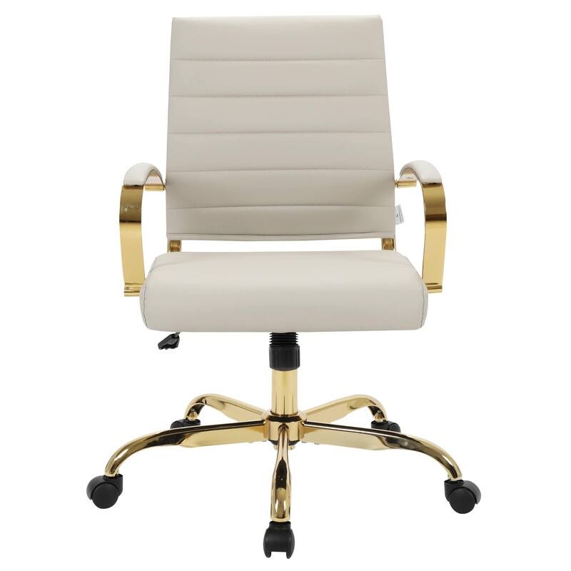 Benmar Mid-Back Leather Office Desk Chair in Gold Stainless Steel Frame Adjustable Height Tilt Lock 360 Swivel Ergonomic Chair