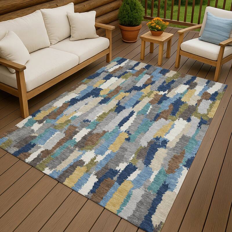 Machine Washable Indoor/ Outdoor Contemporary Stacks Chantille Rug - Navy - 5' x 7'6"