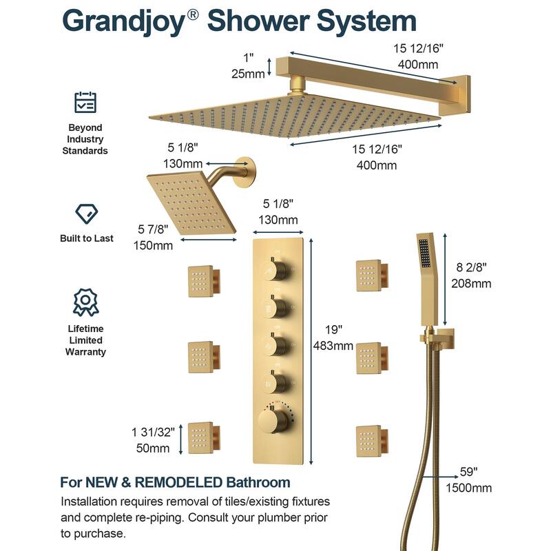 GRANDJOY Shower System Dual Shower Heads 16" and 6" Wall Mounted High Pressure Handheld Spray 6 Body Jets Thermostatic