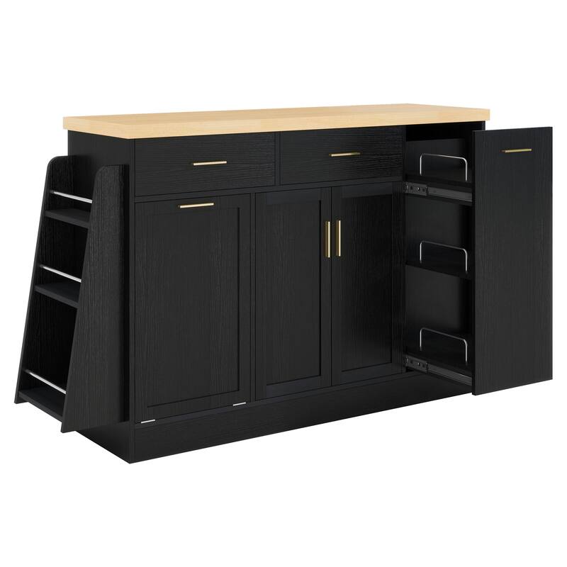 Kitchen Island, Multi-Functional Kitchen Sideboard - Storage Cabinet with Trash Can Holder, Sliding Door & 3-Tier Spice Rack