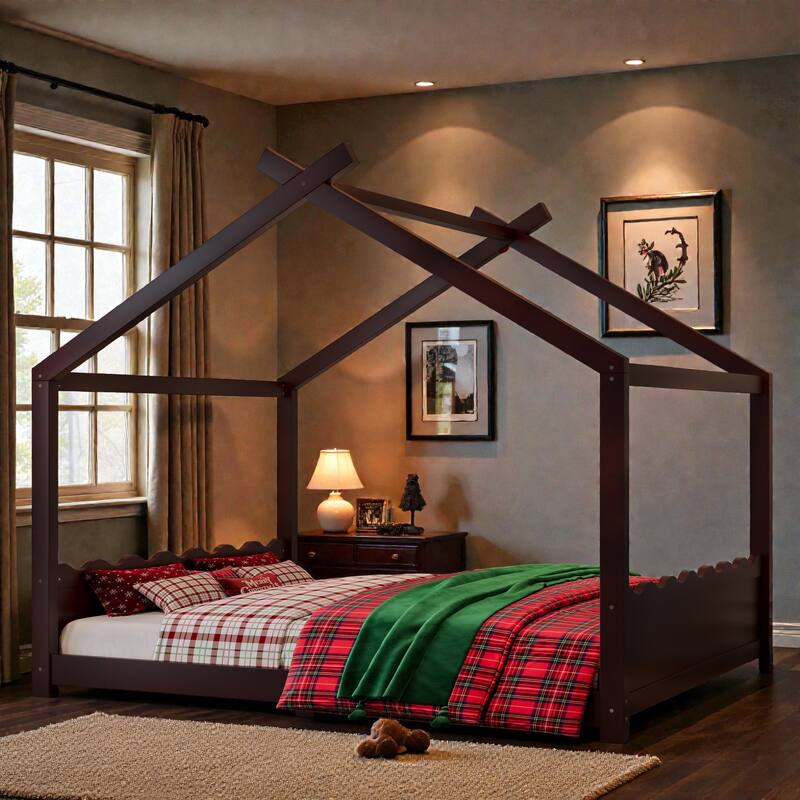 Kids Solid Wood House Floor Bed with Support Slats, Montessori Low Profile Bed, No Box Spring Needed