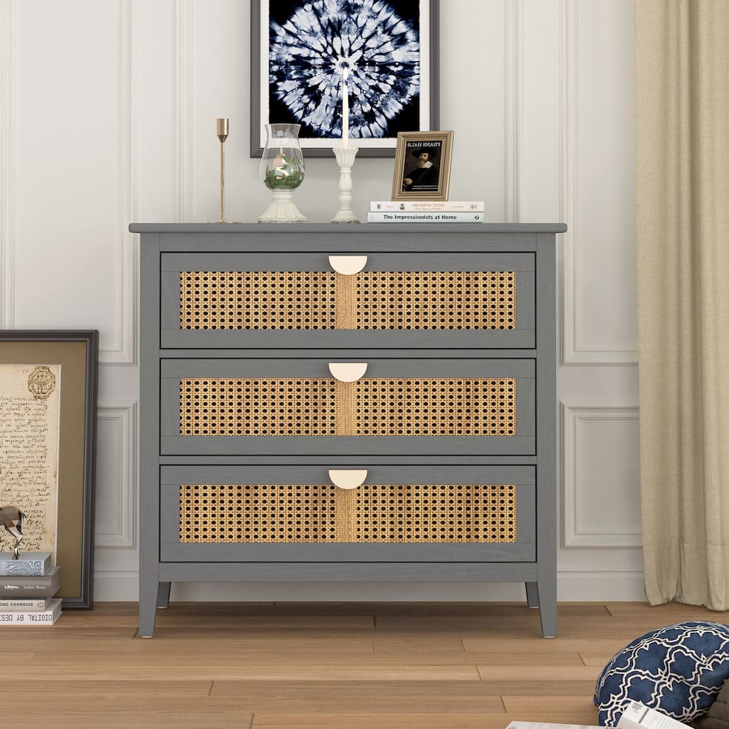 3-Drawer Bachelors Chest Cabinet with Hollow-Carved, Natural Rattan, American Furniture, Suitable for Bedroom, Living room