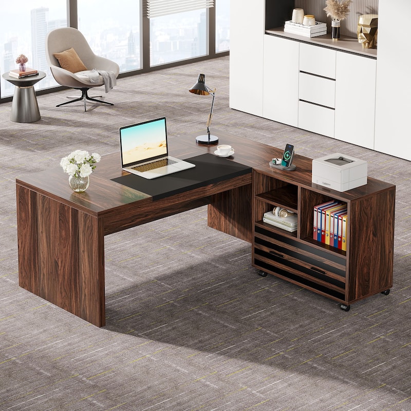 62.2" Executive Desk with Mobile File Cabinet, L-Shaped Office Desk for Home Office