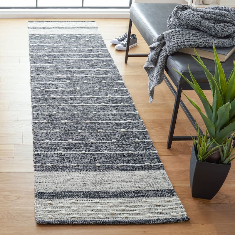 SAFAVIEH Handmade Striped Kilim Shandra Modern Cotton Rug - - 2'3" x 7' Runner - Black/Ivory