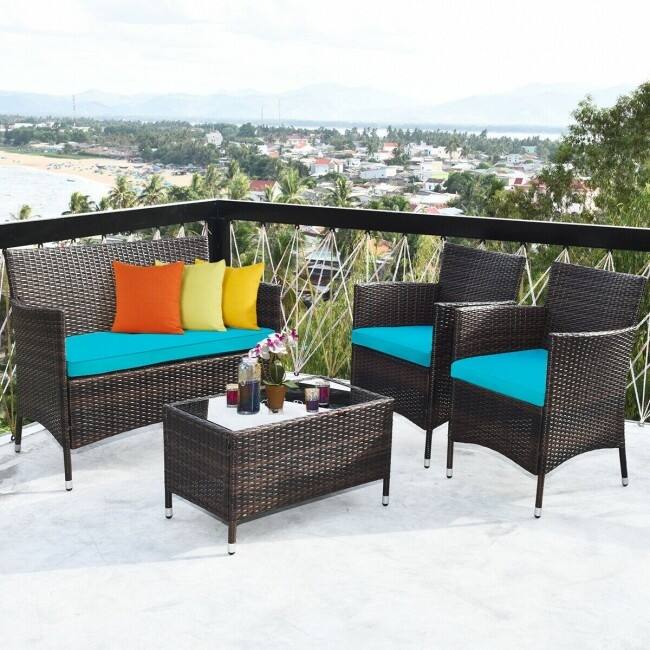 Rattan Patio Conversation Furniture Set with Glass Table and Comfortable Sofa - 4 Pcs