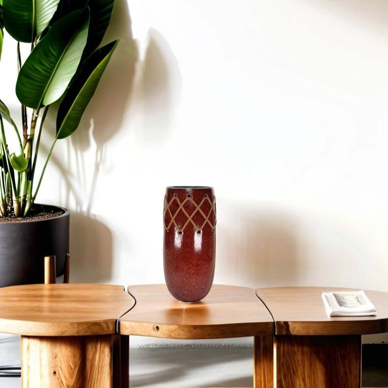 Southwestern Glazed Red Ceramic Vase with Brown Leather Stitching