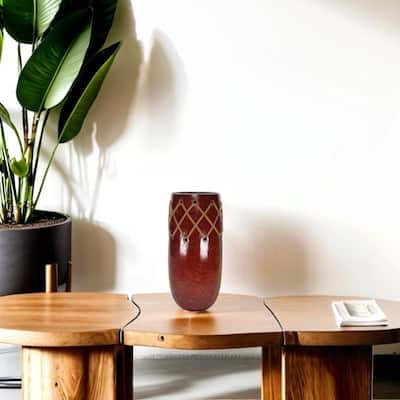 Southwestern Glazed Red Ceramic Vase with Brown Leather Stitching