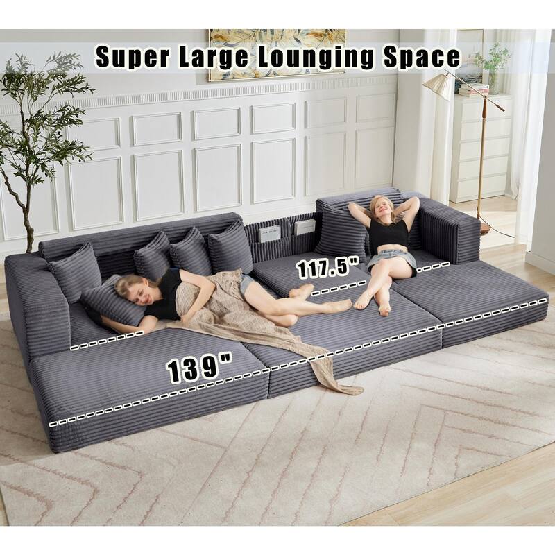 Corduroy L-shaped Chaise Sectional Sofa Convertible Sleeper Sofa Bed