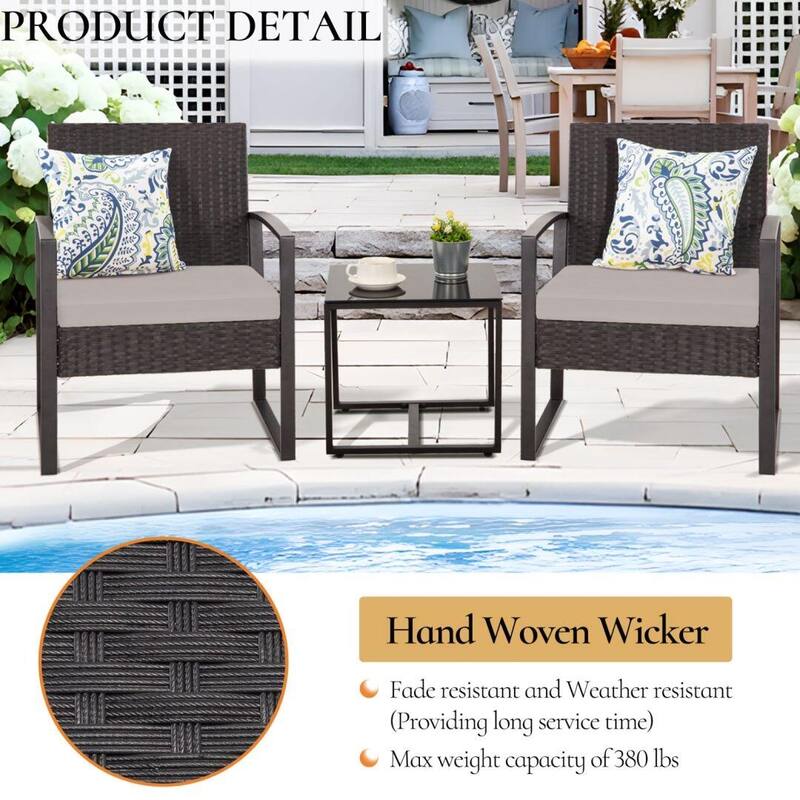 3-Piece Wicker Bistro Set, Outdoor Patio chairs with Coffee Table