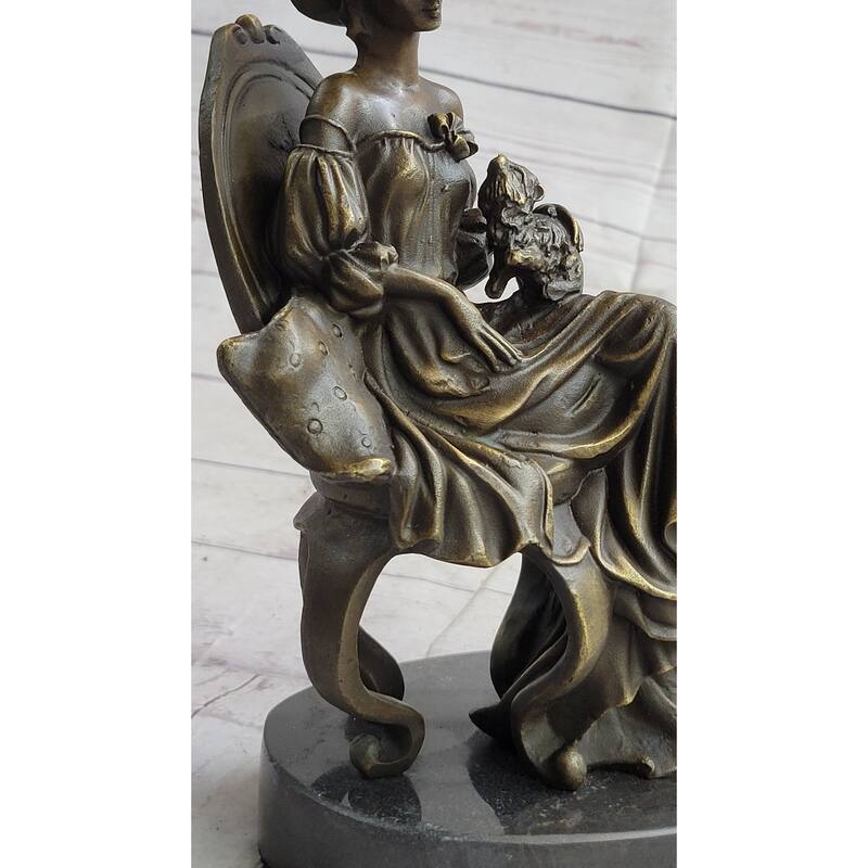 Signed Original Imitative Fisher Victorian Girl Holding Imitative Dog Bronze Sculpture Statue Decor