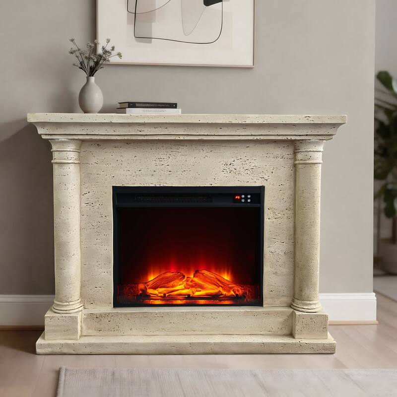 44.5" MGO Freestanding Mantel with 23" Electric Fireplace Insert for Living Room & Bedroom - Sahara Travertine