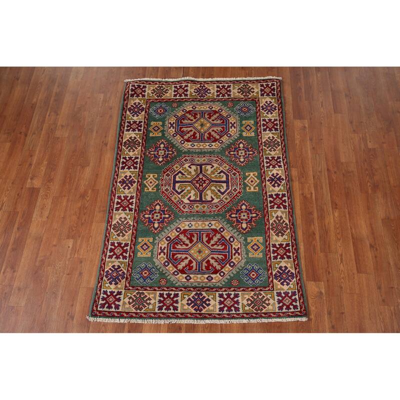 Traditional Green Kazak Accent Rug Hand-Knotted Wool Carpet - 3'5" x 4'11"