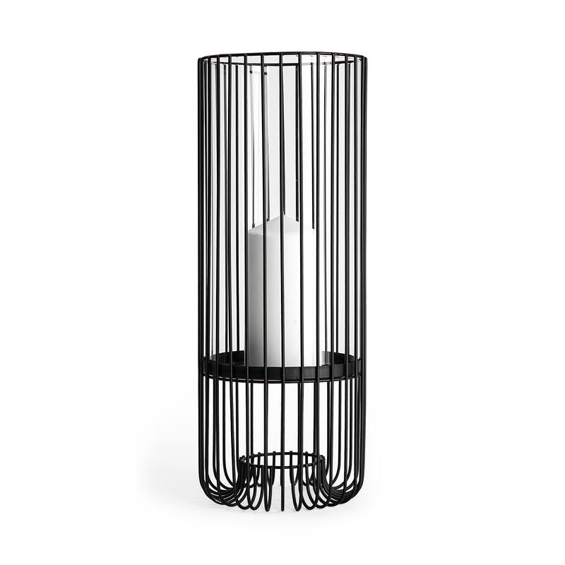 17" Black Abstract Metal And Glass Tabletop Hurricane Candle Holder