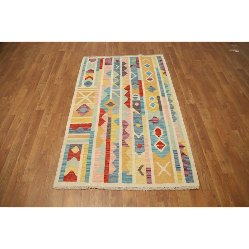 Hand Woven Oriental 100% Wool Carpet Southwestern Modern Multi-Colored Kilim Area Rug - 4' 11'' X 3' 0''