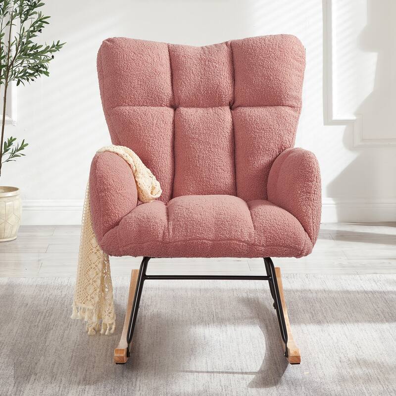 Reading Chair Rocking Chair with Wood Legs, Rustic Side Chair Office Chair Coffee Chair Pink Accent Chair - Pink