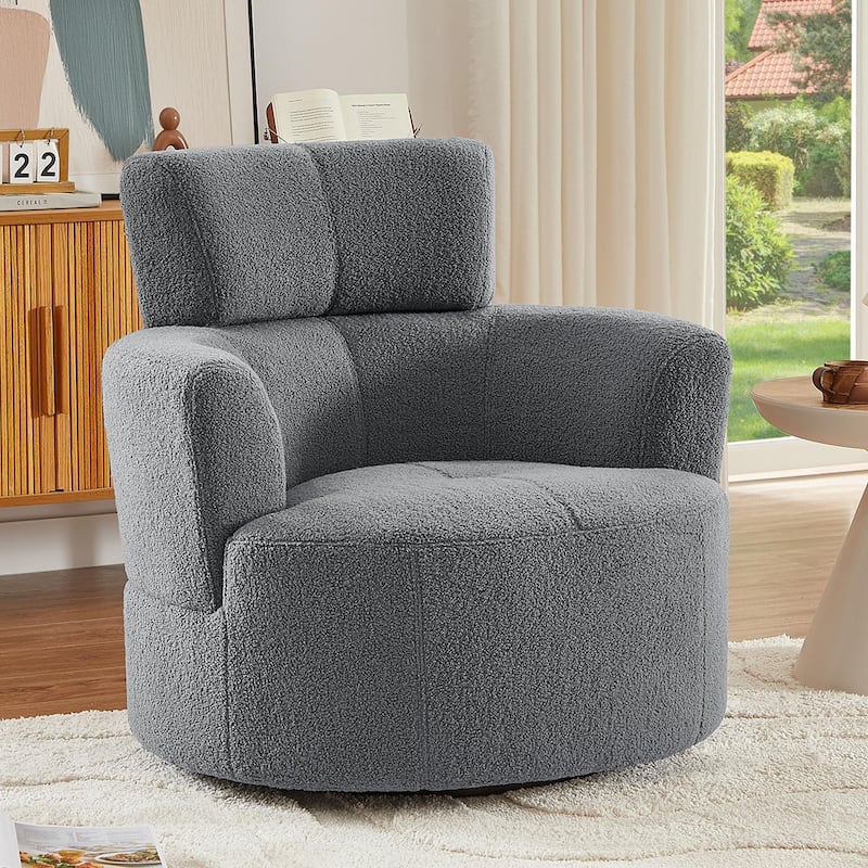 360° Swivel Chair, Upholstered Barrel Chair with Adjustable Headrest Modern Swivel Round Sofa Chair for Living Room