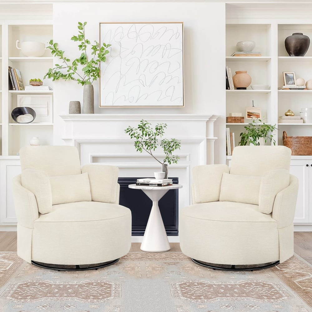 Set of 2 Upholstered Swivel Barrel Accent Chairs Metal Frame with Flared Arms and Pillows