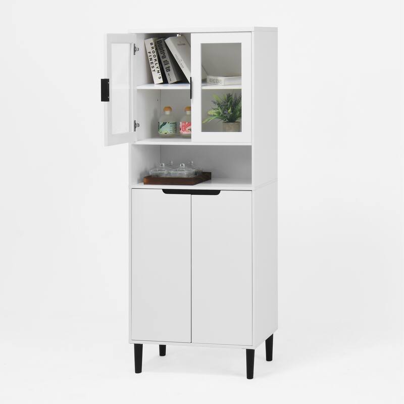 Tall Storage Show Cabinet with 2 Glass Display Door & 2 Doors, Modern Cabinet Freestanding for Bathroom, Dining Living Room