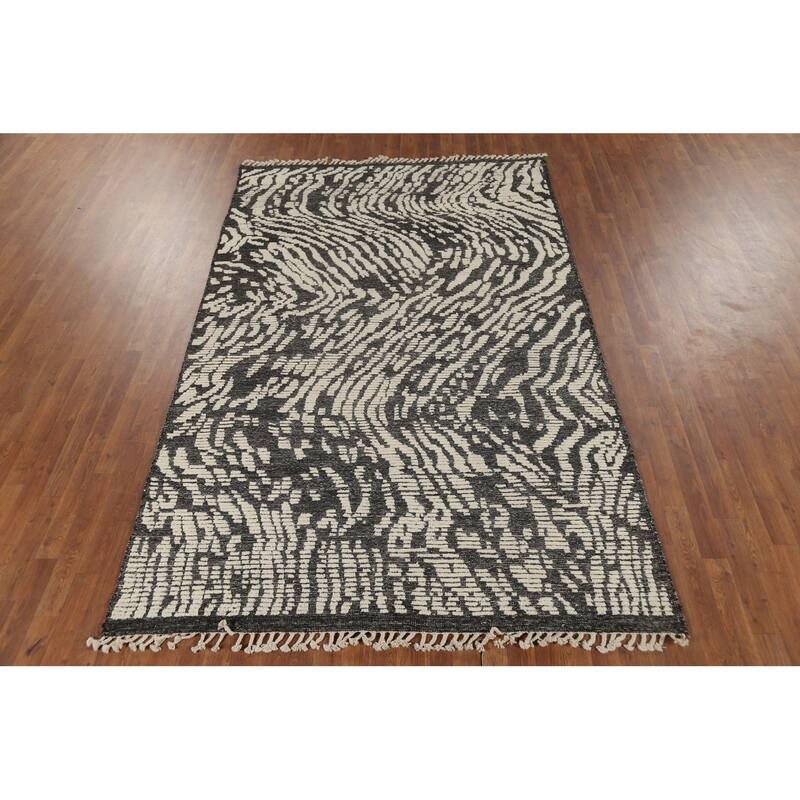 Black & Ivory Moroccan Abstract Rug Hand-Knotted Wool Carpet - 5'11"x 9'2"