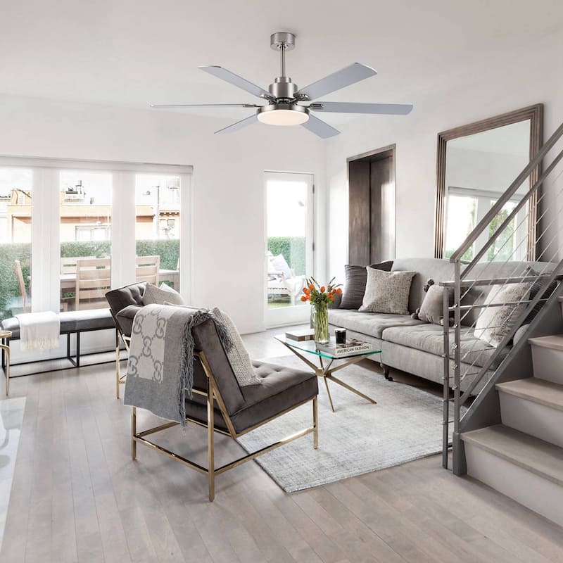 60-inch Modern Brushed Nickel 6-Blade LED Ceiling Fan with Light and Remote