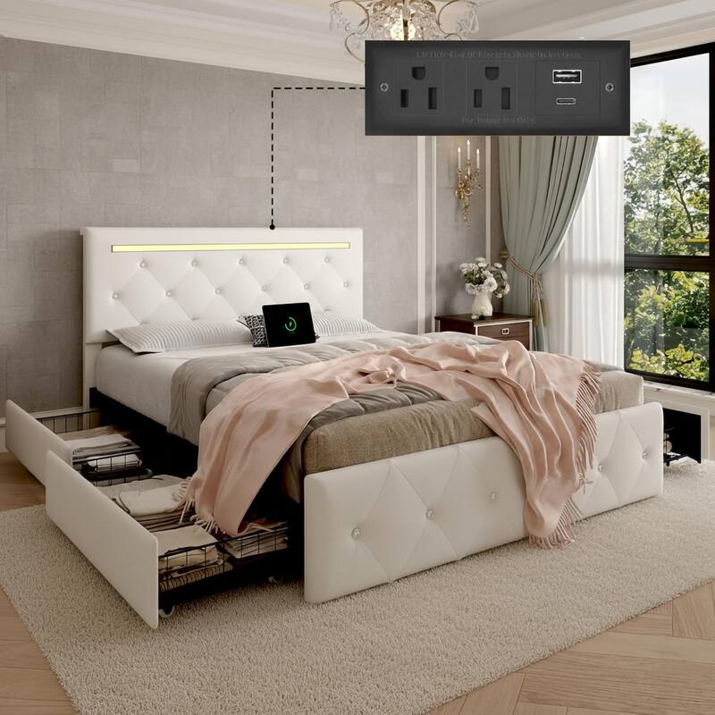 Queen Size Bed Frame with LED Light and Storage Drawers, PU Upholstered Bed Frame with Adjustable Headboard, Charging Station