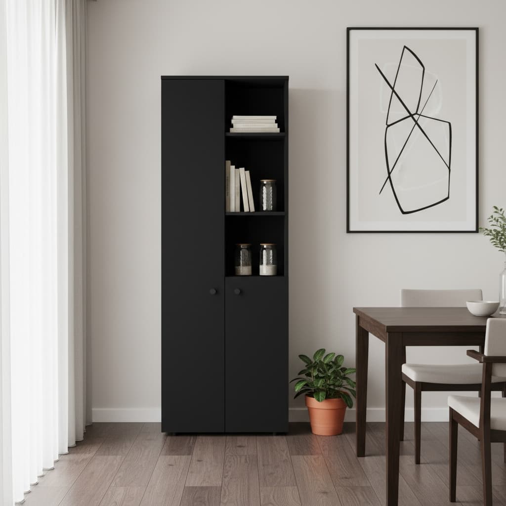 HomeRoots 67" Black Wood Two Door Pantry Or Storage Closet - 23.62 in. x 66.93 in. x 11.81 in.