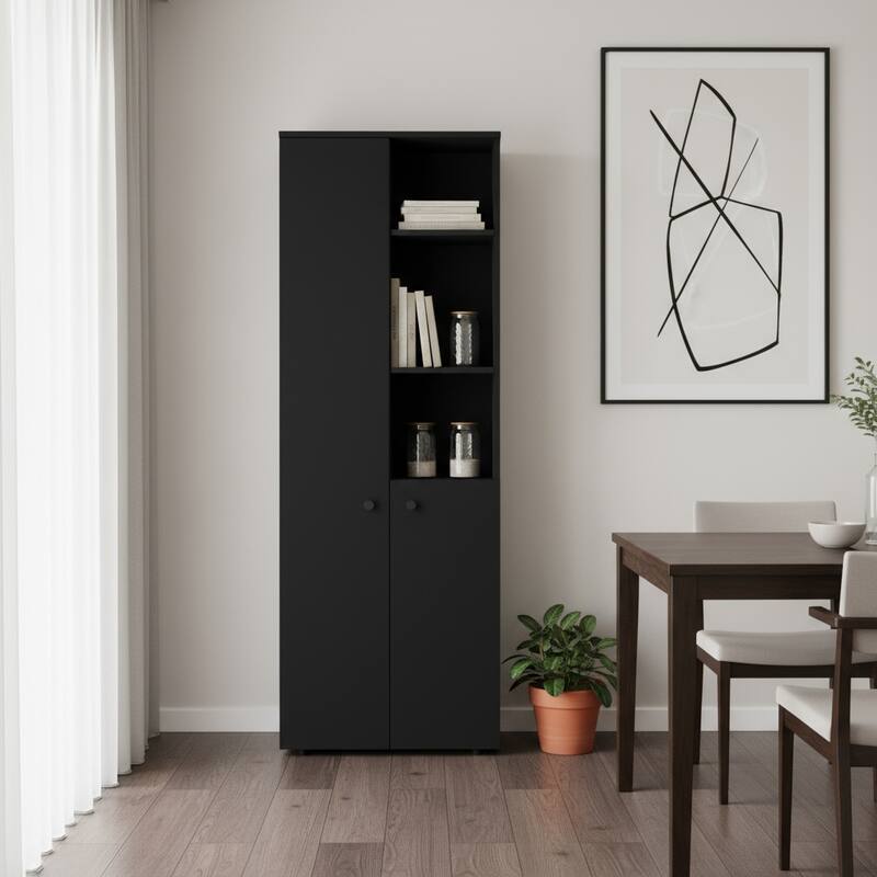 HomeRoots 67" Black Wood Two Door Pantry Or Storage Closet - 23.62 in. x 66.93 in. x 11.81 in. - Black