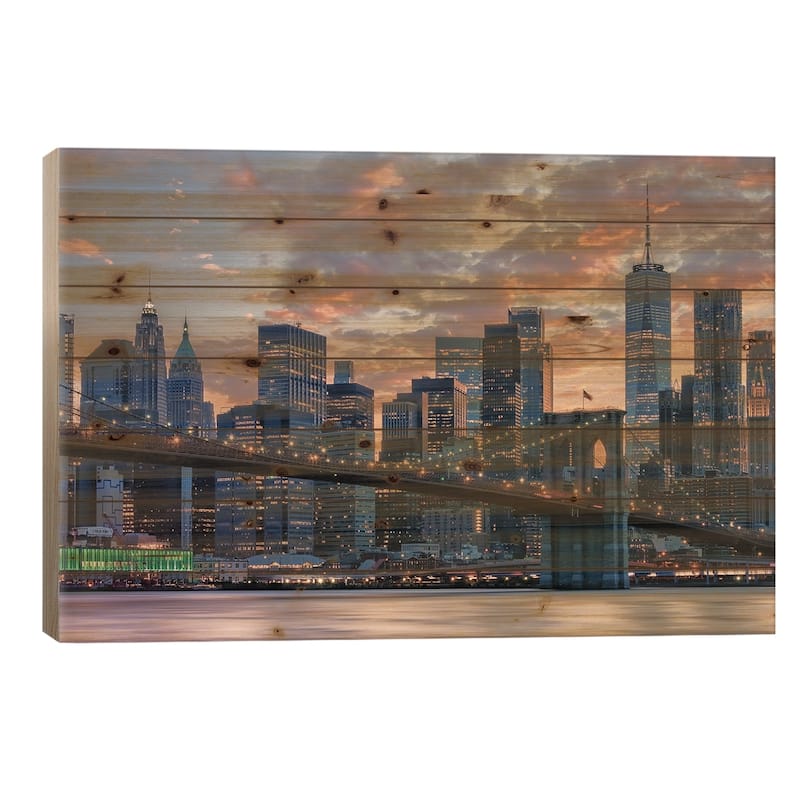 Sunset In Manhattan Print On Wood by Manjik Pictures - Multi-Color - 18x26x1.5