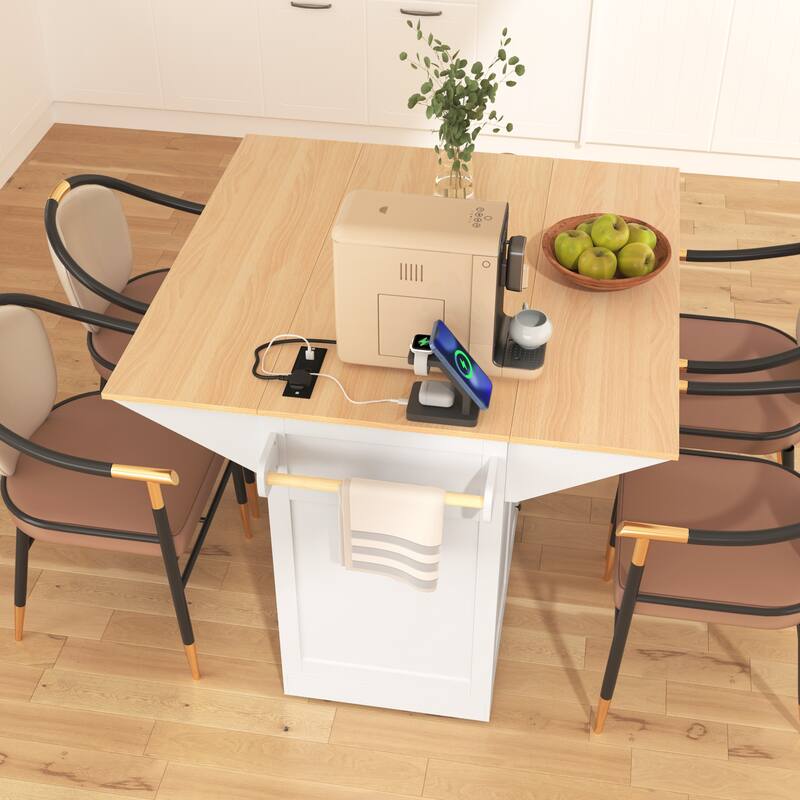 55.7" Large Kitchen Island with 2 Drop Leaf, on 5 Wheels with Power Outlet, Dining Table with Spice Towel Rack, 3 Drawers