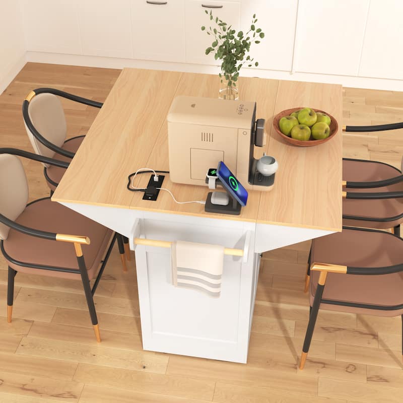 Large Kitchen Island with 2 Drop Leaf,Rolling Kitchen Cart on 5 Wheels with Power Outlet,Folding Storage Dining Table - N/A - White