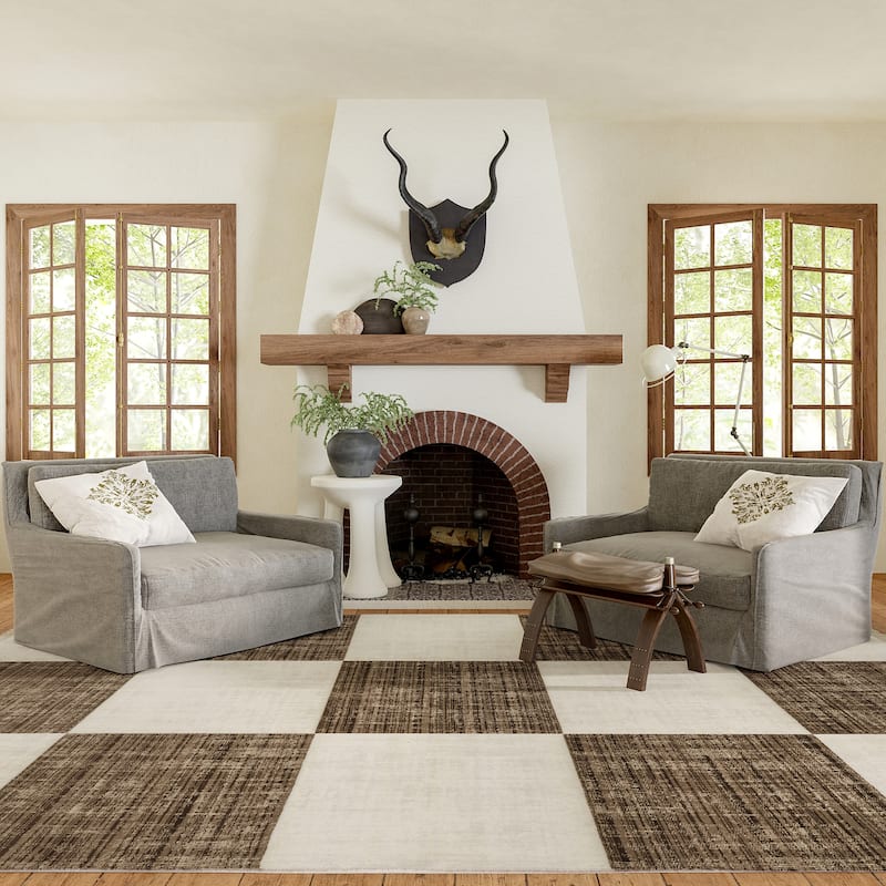 Aspen Checkerboard Fringed Area Rug - 8'10" x 13' - Brown