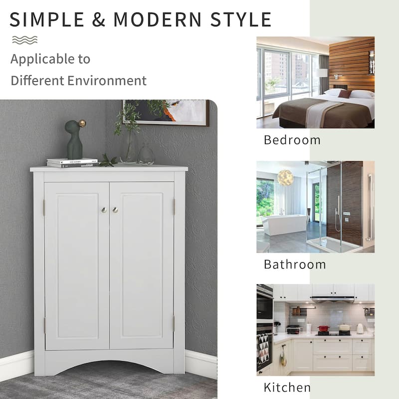 32" Wood 2-door Bathroom Corner Cabinet with Adjustable Shelves