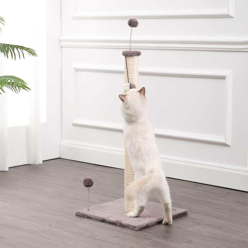 Rylie 38" Farmhouse Sisal Pillar Cat Scratching Post with Fuzzy Toys and Spring Balls, Gray/Cream