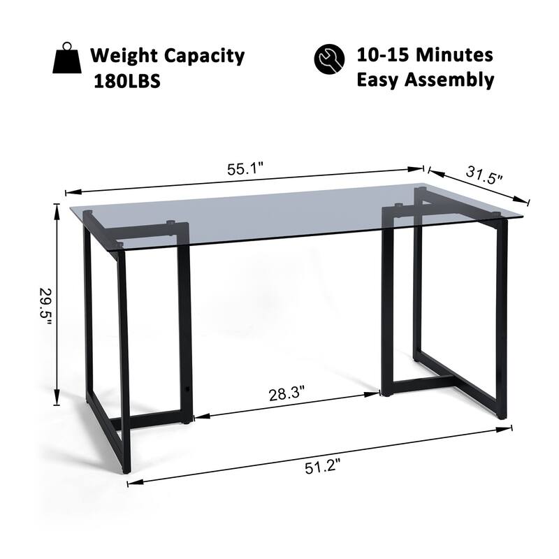 Homy Casa 55" Rectangular Glass Top Dining Table with Black Metal Frame for Modern Interiors