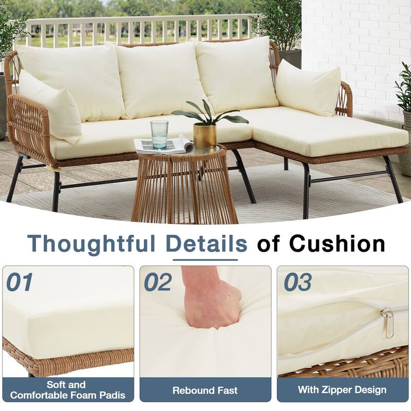 Sectional Wicker Conversation Sofa Set, 3 Piece Patio Furniture Set with Thick Cushions and Toughened Glass Coffee Table