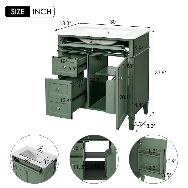 30'' Bathroom Vanity with Top Sink,Bathroom Storage Cabinet with 2 Drawers and a Tip-out Drawer, Single Sink Bathroom Vanity