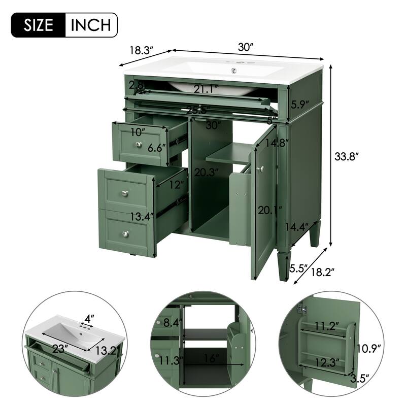Modern 30" Bathroom Vanity with Ceramic Sink, 2 Drawers & Tip-Out Drawer for Bathroom Storage