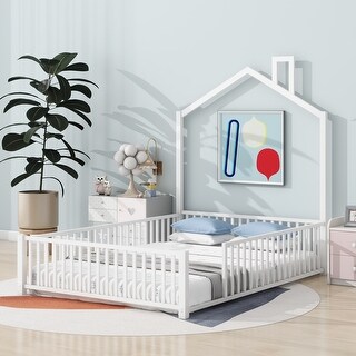 Full Size Platform Bed w/Guardrail and Chimney Design, Heavy Duty Metal House Shape Floor Bed Frame for Children, Boys and Girls