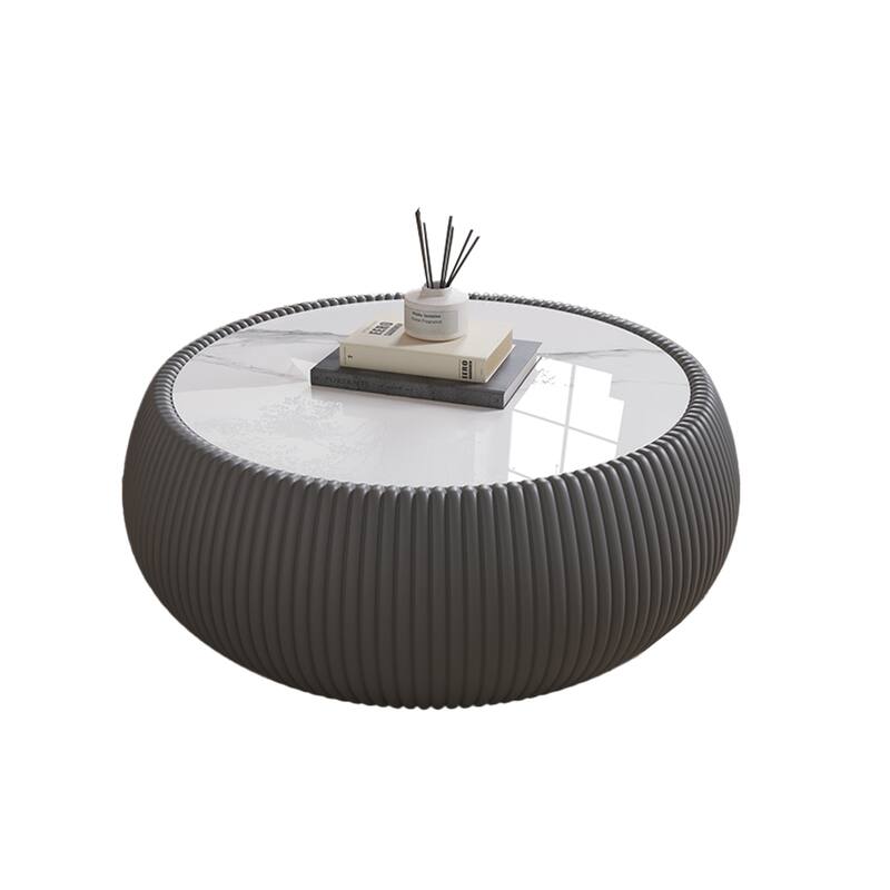 Light Sintered Stone Drum Shape Leather Coffee Table - Unique Grey Design