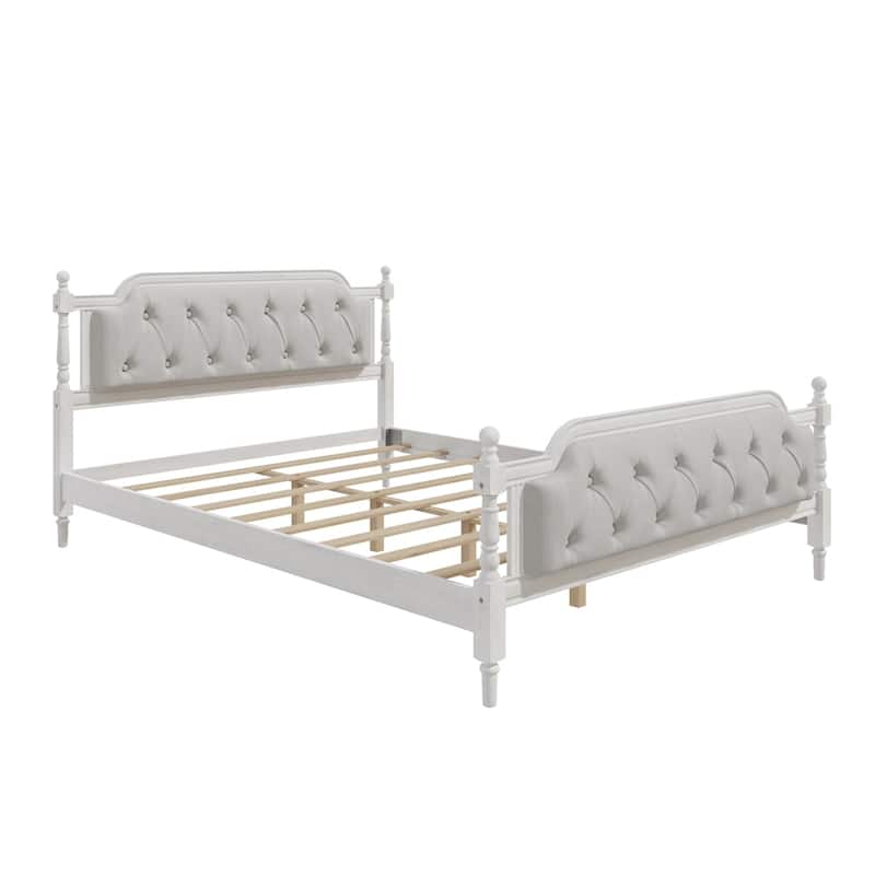 Linen Fabric Upholstered Tufted Headboard Wood Bed Frame