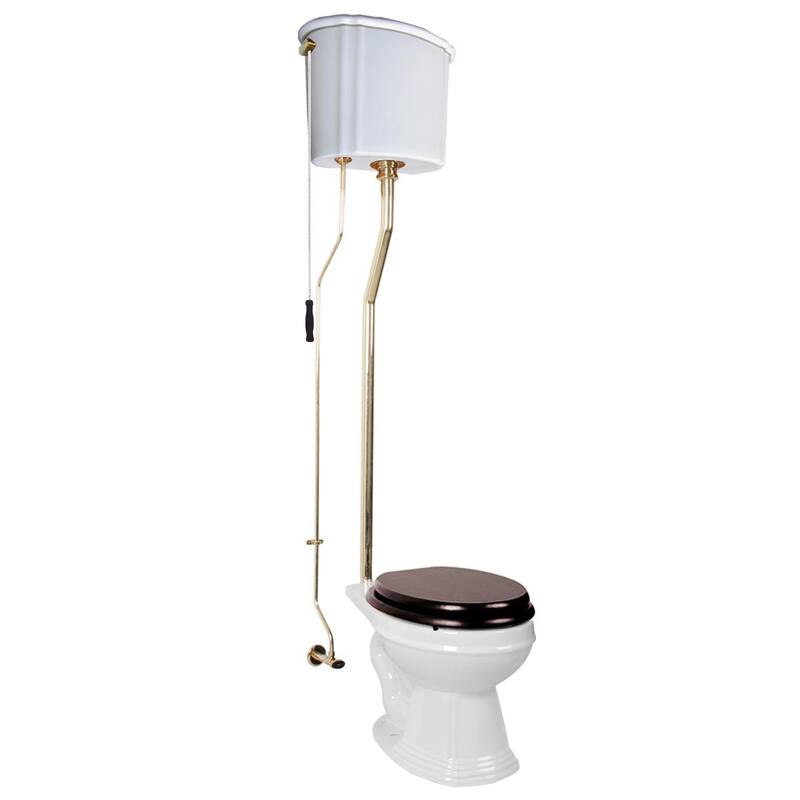 High Tank Toilet - White Ceramic Tank, Elongated White Bowl and Brass PVD L Pipes Renovators Supply