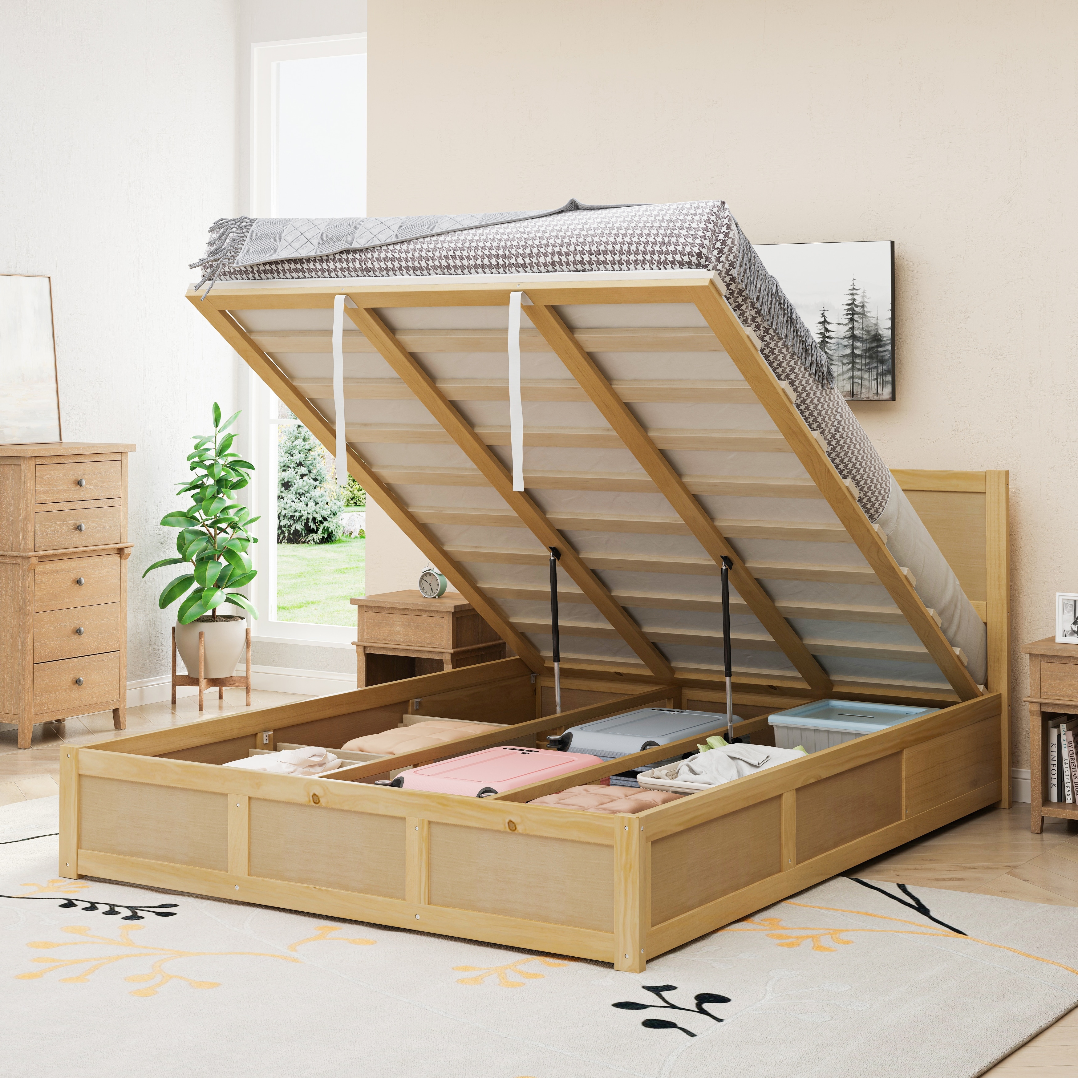 Queen Size Wood Platform Bed with Hydraulic Storage System and 2 Drawers,Streamlined Headboard & Footboard