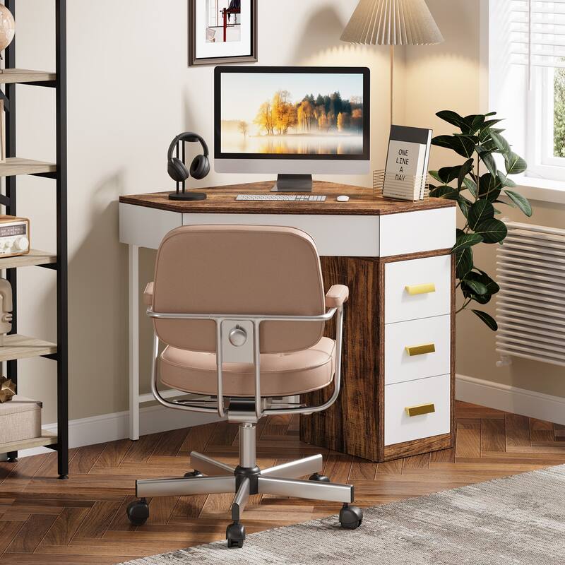 90-Degree Writing Corner Desk, Triangle Computer Desk with 3 Drawers